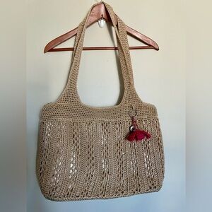 THE SAK Large Tan and Metallic Gold Crochet Tote Bag Shoulder Bag